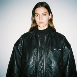 realistic photoshooting for a new balenciaga lookbook, color film photography, portrait of a beautiful woman, model wearing a leather jacket, by photo in style of tyler mitchell, 3 5 mm,