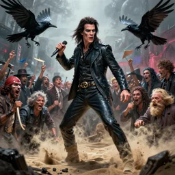 highly detailed full body digital painting master piece of nick cave as sandman from dc comics fighting a large crowd, the crow, unreal engine, global ilumination, scary atmospheric lighting, sharp focus, vivid color scheme, gothic fantasy art by cristian sauret, greg rutkowski, lee bermejo, carlos huante, artgerm, makoto shinkai and clay mann