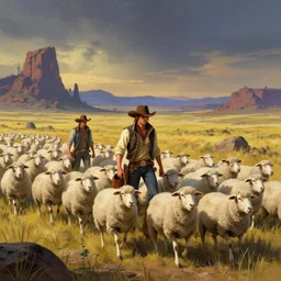 Cyberpunk cowboys herding sheep in a No Man\'s Sky landscape in the style of Frederic Remington