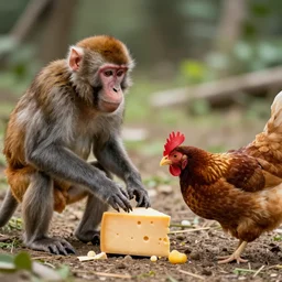 monkey and chicken fighting over cheese