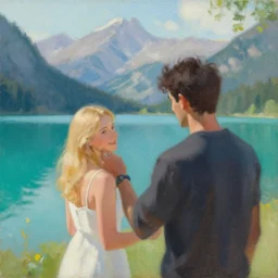 a painting of a dark - haired man proposes to his blond wife next to a beautiful turquoise lake, mountain in the background