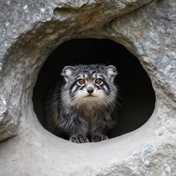 a pallas cat ( manul ) looking into the camera from outside of a rocky cave, nature photo, trailcam