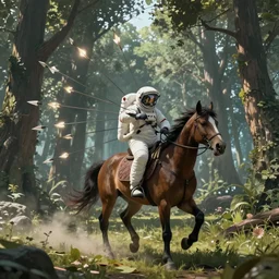 arrows struck astronaut riding a horse in a fantasy forest, landscape, cinematic, digital art, front lit, epic, cinematic