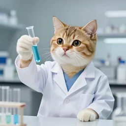 photo of anthropomorphic cat wearing a lab coat, holding test tube in hand, employed in lab