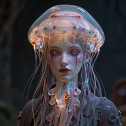 the jellyfish woman, lovecraft scene, detailed portrait, 3 d, intricate details, by vincent di fate, artgerm, smooth gradients, octane render, 8 k, volumetric lightning, high contrast, depth of field, coherent face