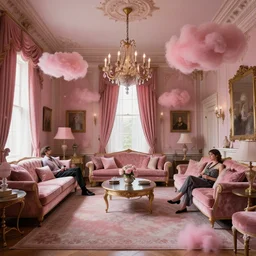 a classical victorian living room with pink clouds inside. and people lounging. hyperrealistic, trending on artstation