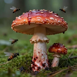 a photography of a bloody mushroom, photorealistic, terriying, insects flying, 2 4 mm,
