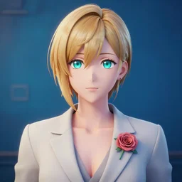 coffee blond colored hair, teal pupils, symmetric facial structures, random background, bluish lighting, naturel, birthday, anime, rose suit, unreal engine 5 render, trending on artstation