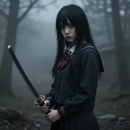 school girl holding a katana, gloomy and foggy atmosphere, octane render, cgsociety, artstation trending, horror scene, highly detailded