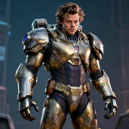 harry styles with a mjolnir powered assault armor, style artstation, style greg rutkowsk, octane render, unreal engine 6, epic game graphics, fantasy, ciberpunk, conceptual art, ray tracing