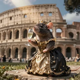 a rat in a dress drinking champagne in rome