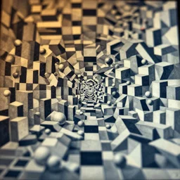 « full color endless pattern, 3 6 0 panorama and ( three point perspective ), focus and ( gaussian blur ), warm tone and ( cold tone ), light and ( shadows ), coubes and ( balls ), escher style and ( hieronymus bosch style )