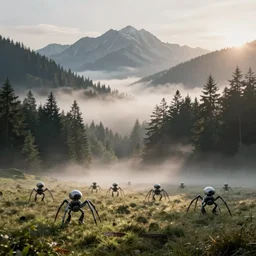 beautiful landscape shot with spider robots walking through mist, atmospheric, fog, mountains, atmospheric perspective, beautiful, German forest, wide angle, photorealistic, concept art