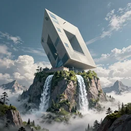 huge gargantuan angular structure on top of a mountain by escher and ricardo bofill. utopian landscape by roger dean. magical realism, surrealism, waterfalls, clouds, trending on artstation, shot from below, epic scale