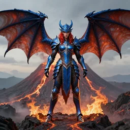 full body portrait of a dnd dragon hunter inside a detailed volcano, female blue elf, strong, symmetric wings, dragon inspired blue armor, red hair, helmet, pretty, fire, high fantasy, detailed face, highly detailed, sharp focus, smooth, digital illustration, by clyde caldwell