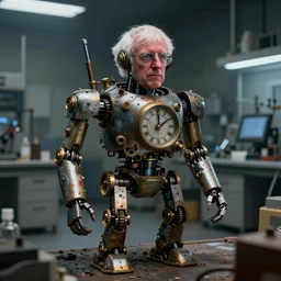 bernie sanders building a steampunk clockwork doomsday robot, cinematic moody lighting, sharp focus, dirty laboratory, imax