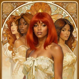 handsome and beautiful black women with shoulder length bright red hair, half body shot, path traced, highly detailed, high quality, digital painting, alena aenami, lilia alvarado, shinji aramaki, karol bak, alphonse mucha, tom bagshaw