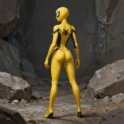 full body character turnaround of a woman in an orb weaver spider inspired costume standing in a rock quarry, character sheet, matte painting, spiderman!!, spiderwoman!!, john singer sargent, good value control, highly detailed portrait, character turnaround, digital painting, concept art, sharp focus, smooth, 3 d model, illustration, yellow and black color scheme,