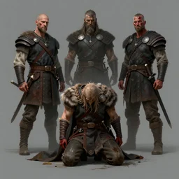 aesthetic digital illustration of a defeated viking warrior on his knees by anne stokes, greg rutkowski, and brian belle din | dirty and bloody, concept art, character concept, matte background. unreal engine, finalrender, centered, deviantart, artgerm
