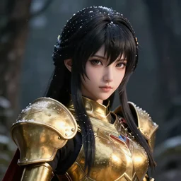 focus face portrait of beautiful darkness knight 3D anime girl, golden armor wearing, dark forest background, snowing, bokeh, inspired by Masami Kurumada, digital painting, high contrast, unreal engine render, volumetric lighting, high détail