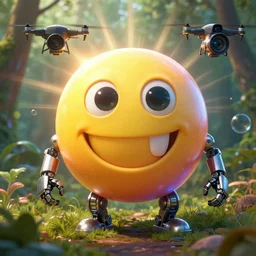 fantastical vibrant bulbous weird smiley face emoji, 😃, with cameras for eyes, in a nature scene, cybernetic symbiosis, high definition, rays of light breaking behind the emoji, drone camera lens orbs, 3 point lighting, highly detailed 😃 character, natural color scheme, photo still from movie by denis villeneuve