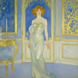 a girl in a blue and gold liminal haunted ivory room, film still by goya, by mackintosh, elegant drawing, digital painting, jugendstil, art noveau, strong lights, flat colors, pastel colors