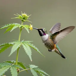 beautiful hummingbird drinking from a marijuana plant, wildlife photography, highly detailed, high quality, 8 k, soft lighting,
