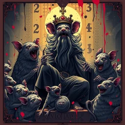 high intricate tarot card wise arrogant joyful court of infested rodents, pixiv fanbox, dramatic lighting, maximalist desaturated muted color palette, splatter paint, pixar and disney concept, graphic novel by fiona staples and dustin nguyen, peter elson alan bean wangechi mutu, clean cel shaded vector art, trending on artstation
