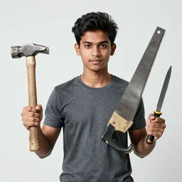 young man as kali god, one hand holding a hammer, hand holding a spanner, hand holding a saw, hand holding a screwdriver, hand holding a knife