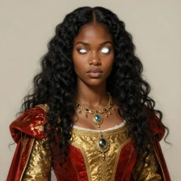 character design, portrait of a attractive brown skinned woman with long black soft curly hair and blind white eyes, medieval, jewels, gold and red dress, painting by wlop and nixeu, beautiful, semirealism, artstation, octane render, sharpness, 8 k, golden ratio