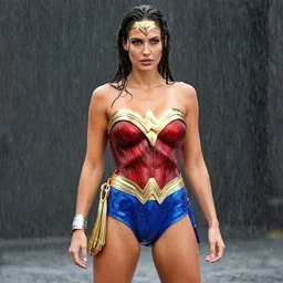 fully body pose, photo of a very beautiful!! victoria secret model, wonder woman, wet hair, raining, 8 k, hdr, smooth, sharp focus, high resolution, award - winning photo, trending on artstation, dslr, 5 0 mm