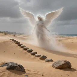 a swirling angelic figure shrouded in mist emerges from an extensive dune scape with a stairway of floating boulders, windswept, sand, rocks, sparse vegetation, distant cityscape, grey cloudy skies, distant ocean, contrejour lighting, high contrast, highly detailed, a matte painting by Peter Mohrbacher and Filip Hodas