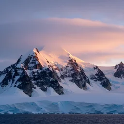 landscape photography, antarctic mountains, cold lighting, morning hour, mountains, clouds, beautiful, kodachrome, 4 k, hd
