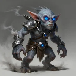 a highly detailed goblin with grey skin and blue eyes that glow, like magic the gathering, goblin chainwalker, with wind wiping around it, digital art, by christopher rush