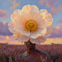closeup, large flower as head, an african woman in heather field, surreal photography, golden hour, colorful clouds, impressionist painting, digital painting, artstation, simon stalenhag