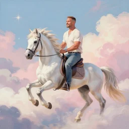 “a beautiful painting of cm punk riding a white Pegasus through the clouds, trending on artstation, fantasy art, pastel colours”