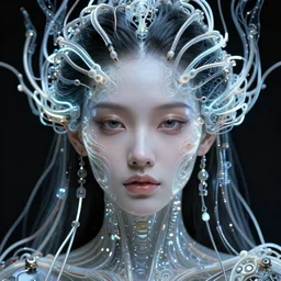 very beautiful woman, full face frontal centered, portrait, detailed intricate symmetrical ornate neon cables connected to head, clear lips, luxurious hair, sophisticated abundent wiring and implants, translucent, porcelain, fractal, sci - fi, dramatic lighting, photography, highly detailed, artstation, 8 k, by chie yoshii