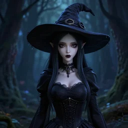 portrait of beautiful darkness witch as a 3D anime girl, dark forest background, inspired by Tim Burton, digital painting, unreal engine render, volumetric light, high détail