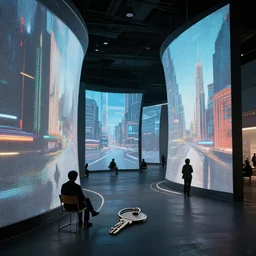 streets with curved translucent screens projecting detailed sci - fi art ( 2 0 4 2 ), pixel perfect photograph, high contrast, volumetric lighting, thin glowing lights, chair, users, pair of keys