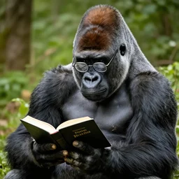 gorilla wearing glasses reading a bible
