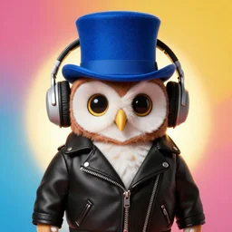 cute owl wearing black biker jacket, portrait photo, backlit, studio photo, background colorful, tophat, kobalt blue, tophat, stone, headphones