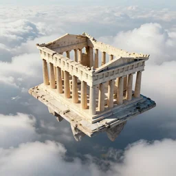 Olympian Temples floating on clouds. Bird's eye view. Detailed, realistic, digital rendering.