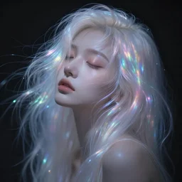 portrait of a beautiful girl with iridescent translucent hair, her eyes are closed, hair is floating, digital art, ethereal, dim lighting