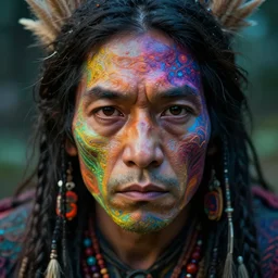 hyperrealistic close - up portrait of psychedelic - shaman highly detailed concept art eric zener elson peter cinematic hard lighting high angle hd 8 k sharp shallow depth of field, inspired by denis villeneuve and zdzisław beksinski