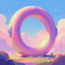 vibrant vivid stylish sci fi digital landscape painting with giant cybernetic ring, smooth gradient colorings, moebius style artwork, psychedellic surrealism pastel color painting