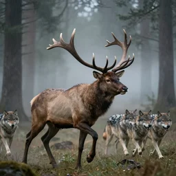 a running elk with massive antlers in a foggy rainy forest with wolves chasing, epic scene, extremely detailed masterpiece, extremely moody lighting, glowing light and shadow, atmospheric, shadowy, cinematic, etsy shop photo