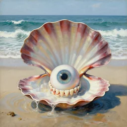a wave on the beach making the facial expression of a shell containing a ball made out of eyes and teeth, artwork by james ensor and odlion redon
