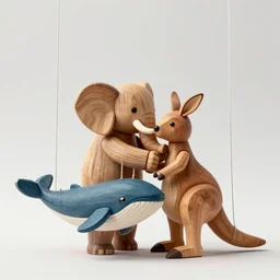 every now an then, when i dream, i dream about puppets, pupeteer, strings, trending on artsstation, 8 k, high - res, cinema 4 d, depth of field a wooden figurine depicting a warm, embracing hug between an elephant and a kangaroo whale with horns and a spiky tail wood : 1 0, native : - 1 0, naive : 3, exotic : 5