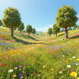 first person perspective digital illustration of a field of vibrant wildflowers and tufted trees by beeple and Dr. Seuss:1|trees by Dr. Seuss, colorful rolling hills of beautiful flowers, wide angle panoramic by Industrial Light and Magic, viewed from eye level:0.9|fantasy, cinematic:0.9|Unreal Engine, Octane, finalRender, devfiantArt, artstation, artstation HQ, behance, HD, 16k resolution:0.8