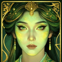 toph beifong glow - up, art nouveau, green, yellow, gold, realistic eyes